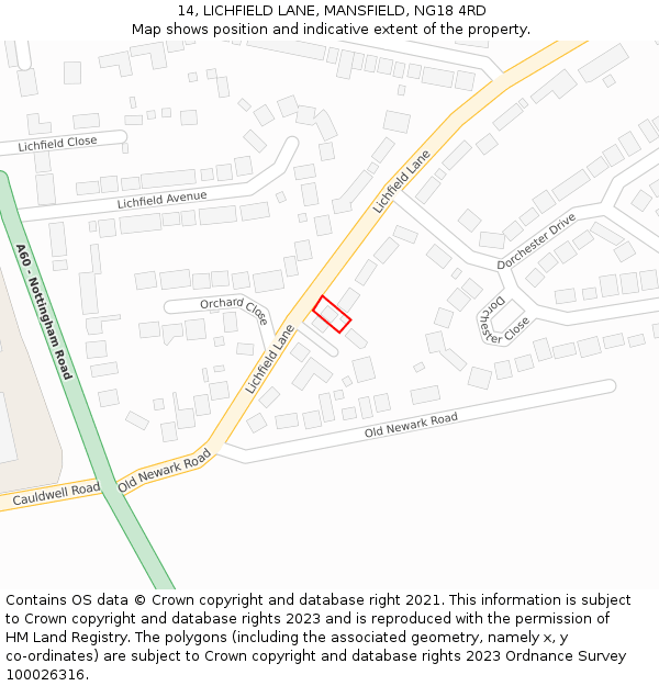 14, LICHFIELD LANE, MANSFIELD, NG18 4RD: Location map and indicative extent of plot