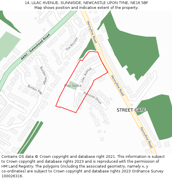 14, LILAC AVENUE, SUNNISIDE, NEWCASTLE UPON TYNE, NE16 5BF: Location map and indicative extent of plot