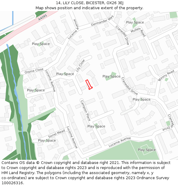 14, LILY CLOSE, BICESTER, OX26 3EJ: Location map and indicative extent of plot