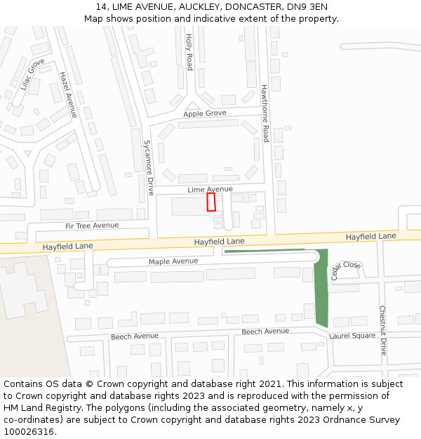 14, LIME AVENUE, AUCKLEY, DONCASTER, DN9 3EN: Location map and indicative extent of plot