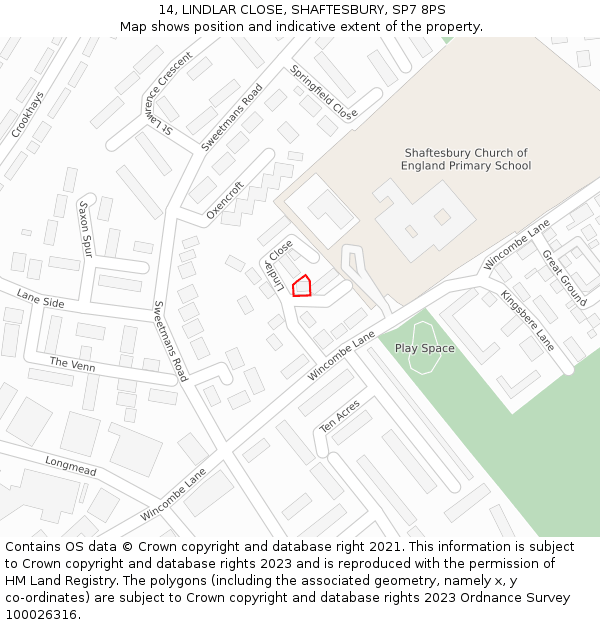 14, LINDLAR CLOSE, SHAFTESBURY, SP7 8PS: Location map and indicative extent of plot
