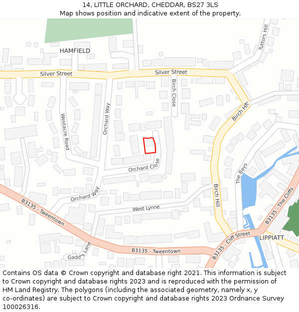 14, LITTLE ORCHARD, CHEDDAR, BS27 3LS: Location map and indicative extent of plot