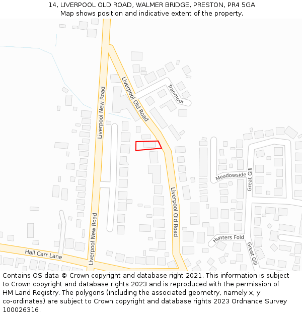 14, LIVERPOOL OLD ROAD, WALMER BRIDGE, PRESTON, PR4 5GA: Location map and indicative extent of plot