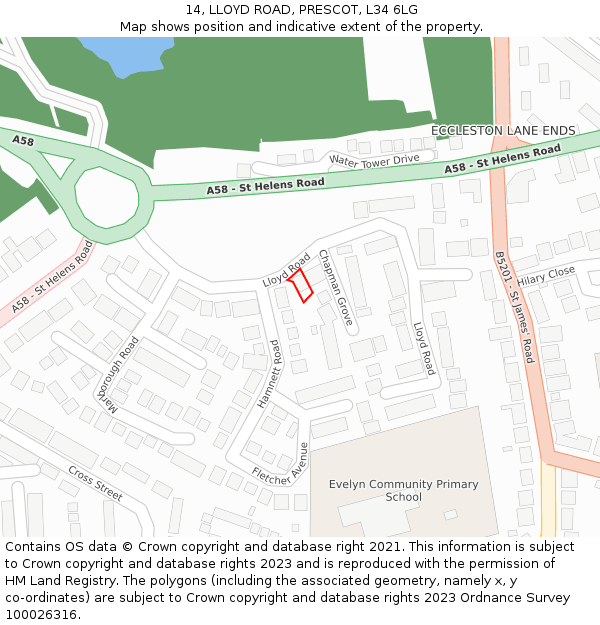 14, LLOYD ROAD, PRESCOT, L34 6LG: Location map and indicative extent of plot