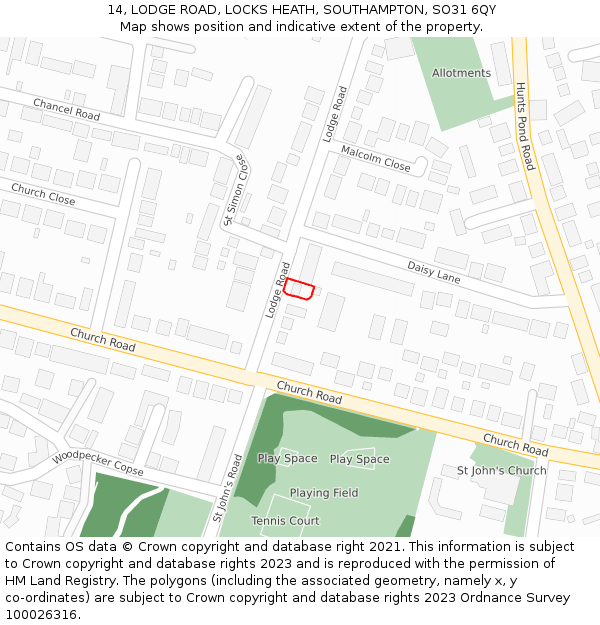 14, LODGE ROAD, LOCKS HEATH, SOUTHAMPTON, SO31 6QY: Location map and indicative extent of plot