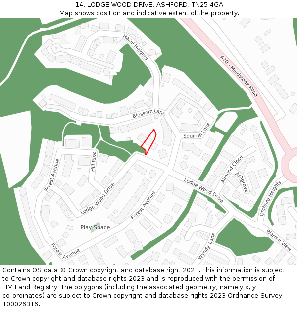 14, LODGE WOOD DRIVE, ASHFORD, TN25 4GA: Location map and indicative extent of plot
