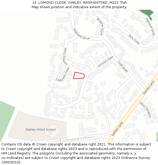 14, LOMOND CLOSE, OAKLEY, BASINGSTOKE, RG23 7NA: Location map and indicative extent of plot