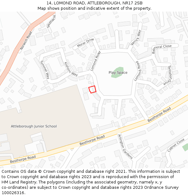 14, LOMOND ROAD, ATTLEBOROUGH, NR17 2SB: Location map and indicative extent of plot