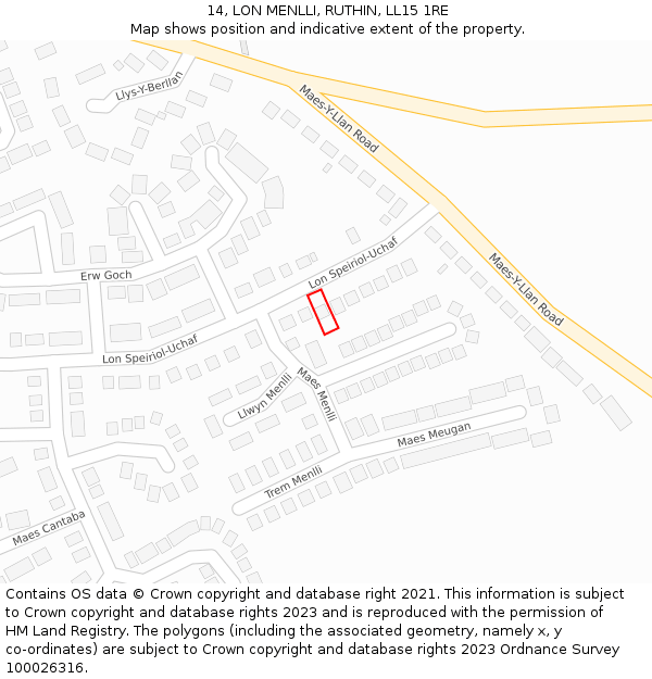 14, LON MENLLI, RUTHIN, LL15 1RE: Location map and indicative extent of plot