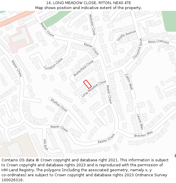 14, LONG MEADOW CLOSE, RYTON, NE40 4TE: Location map and indicative extent of plot