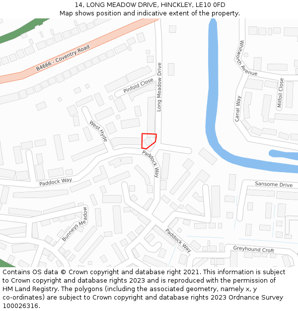 14, LONG MEADOW DRIVE, HINCKLEY, LE10 0FD: Location map and indicative extent of plot