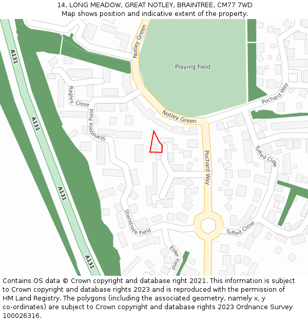 14, LONG MEADOW, GREAT NOTLEY, BRAINTREE, CM77 7WD: Location map and indicative extent of plot