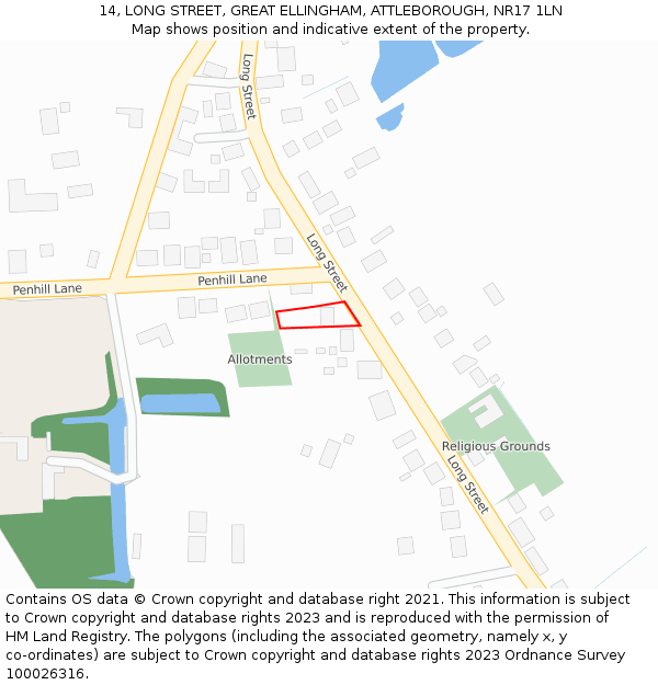 14, LONG STREET, GREAT ELLINGHAM, ATTLEBOROUGH, NR17 1LN: Location map and indicative extent of plot