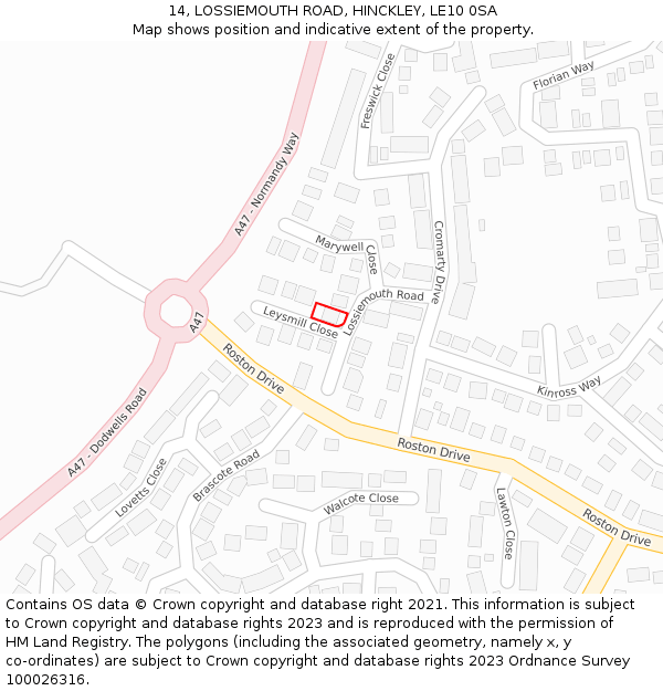 14, LOSSIEMOUTH ROAD, HINCKLEY, LE10 0SA: Location map and indicative extent of plot