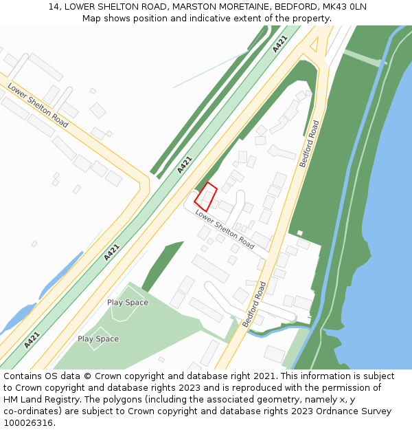 14, LOWER SHELTON ROAD, MARSTON MORETAINE, BEDFORD, MK43 0LN: Location map and indicative extent of plot