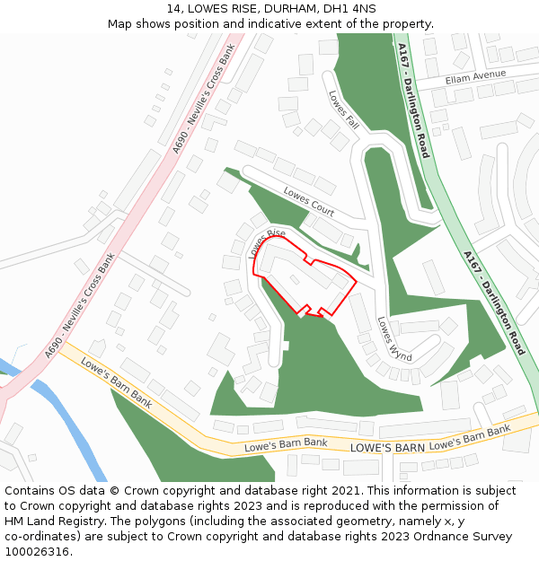 14, LOWES RISE, DURHAM, DH1 4NS: Location map and indicative extent of plot