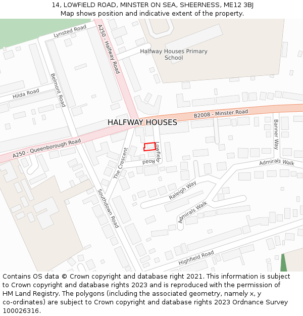 14, LOWFIELD ROAD, MINSTER ON SEA, SHEERNESS, ME12 3BJ: Location map and indicative extent of plot