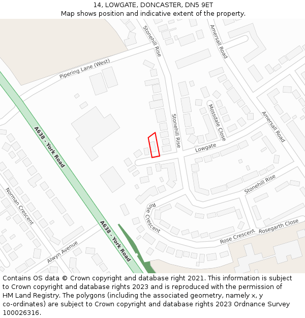 14, LOWGATE, DONCASTER, DN5 9ET: Location map and indicative extent of plot