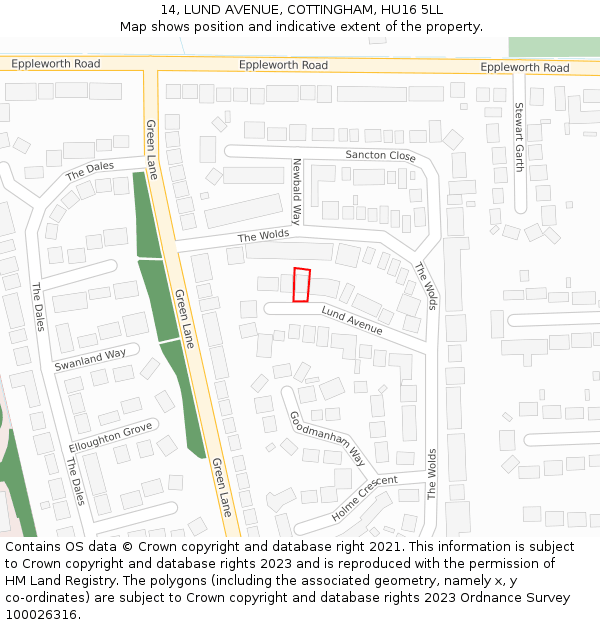 14, LUND AVENUE, COTTINGHAM, HU16 5LL: Location map and indicative extent of plot