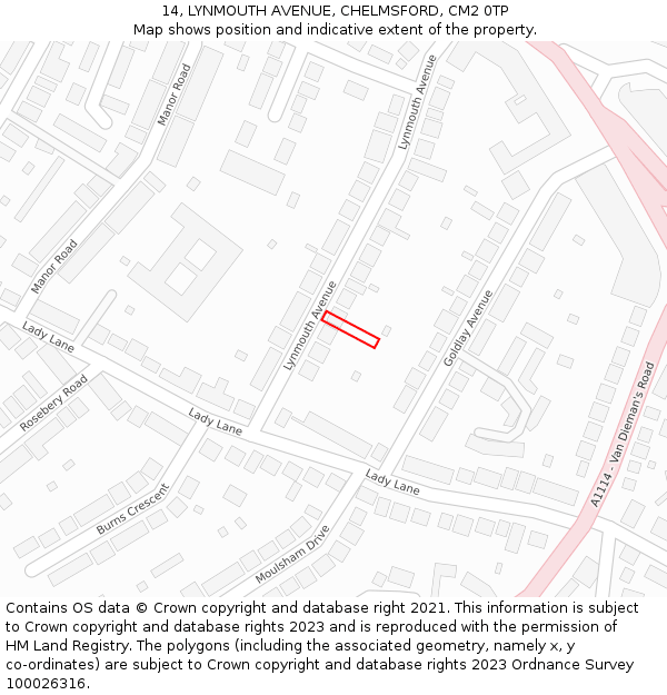 14, LYNMOUTH AVENUE, CHELMSFORD, CM2 0TP: Location map and indicative extent of plot