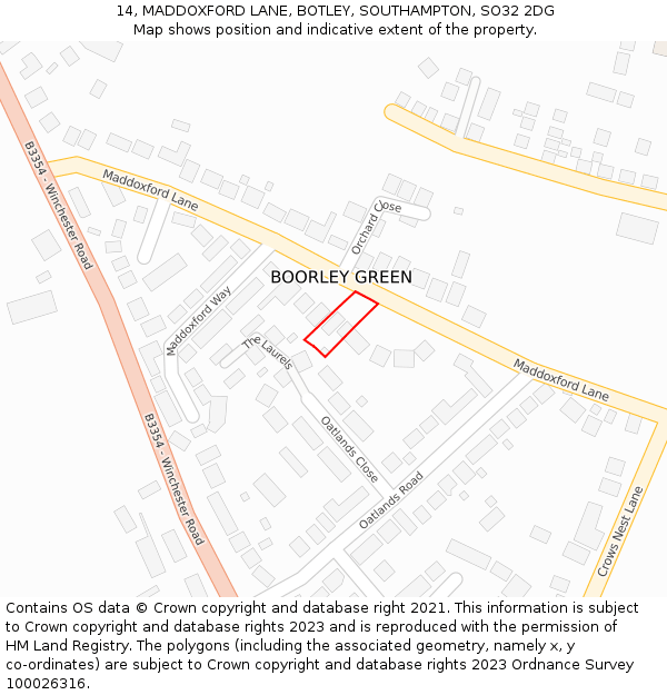 14, MADDOXFORD LANE, BOTLEY, SOUTHAMPTON, SO32 2DG: Location map and indicative extent of plot