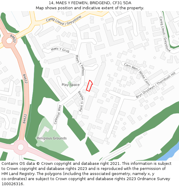 14, MAES Y FEDWEN, BRIDGEND, CF31 5DA: Location map and indicative extent of plot