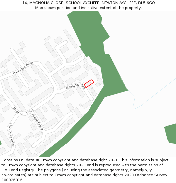 14, MAGNOLIA CLOSE, SCHOOL AYCLIFFE, NEWTON AYCLIFFE, DL5 6GQ: Location map and indicative extent of plot