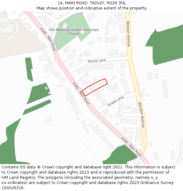14, MAIN ROAD, TADLEY, RG26 3NL: Location map and indicative extent of plot