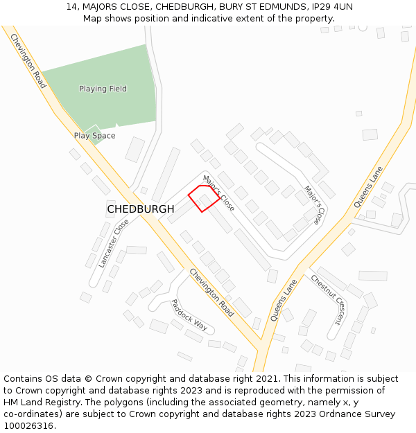 14, MAJORS CLOSE, CHEDBURGH, BURY ST EDMUNDS, IP29 4UN: Location map and indicative extent of plot