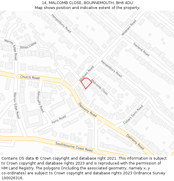 14, MALCOMB CLOSE, BOURNEMOUTH, BH6 4DU: Location map and indicative extent of plot