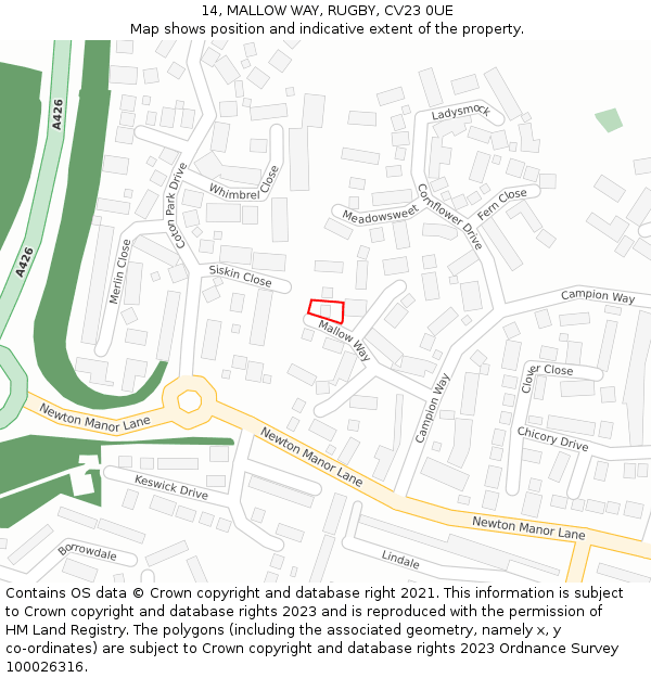 14, MALLOW WAY, RUGBY, CV23 0UE: Location map and indicative extent of plot