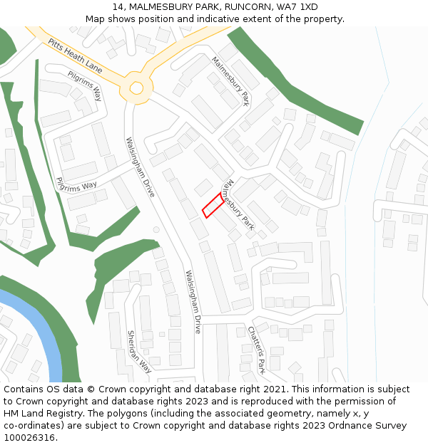 14, MALMESBURY PARK, RUNCORN, WA7 1XD: Location map and indicative extent of plot