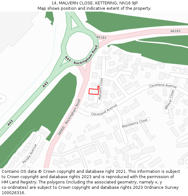 14, MALVERN CLOSE, KETTERING, NN16 9JP: Location map and indicative extent of plot