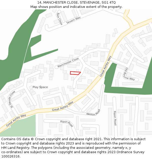 14, MANCHESTER CLOSE, STEVENAGE, SG1 4TQ: Location map and indicative extent of plot