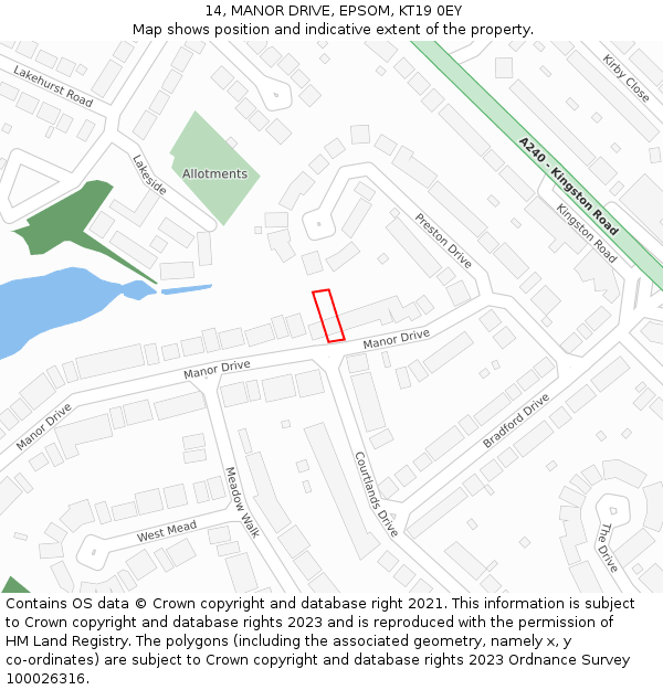 14, MANOR DRIVE, EPSOM, KT19 0EY: Location map and indicative extent of plot