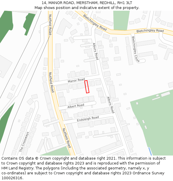 14, MANOR ROAD, MERSTHAM, REDHILL, RH1 3LT: Location map and indicative extent of plot