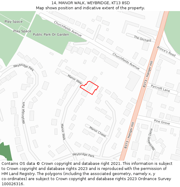 14, MANOR WALK, WEYBRIDGE, KT13 8SD: Location map and indicative extent of plot