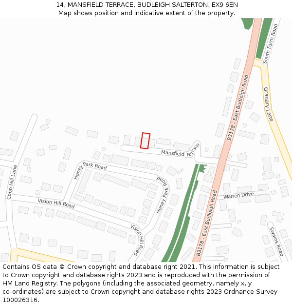 14, MANSFIELD TERRACE, BUDLEIGH SALTERTON, EX9 6EN: Location map and indicative extent of plot