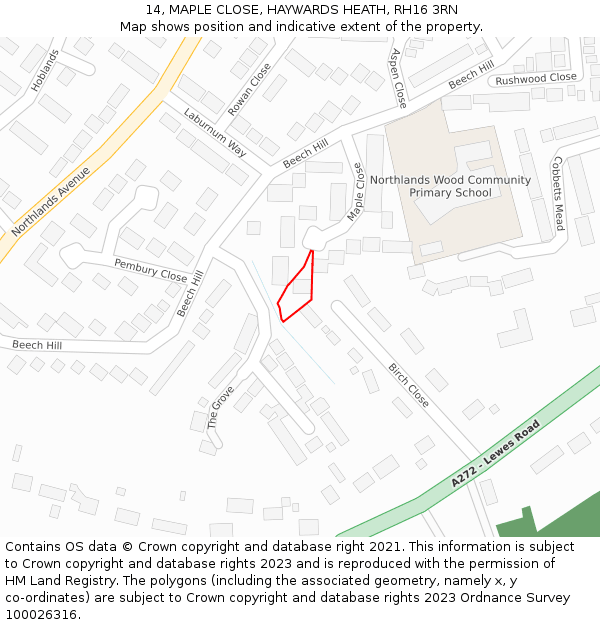 14, MAPLE CLOSE, HAYWARDS HEATH, RH16 3RN: Location map and indicative extent of plot