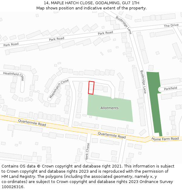 14, MAPLE HATCH CLOSE, GODALMING, GU7 1TH: Location map and indicative extent of plot