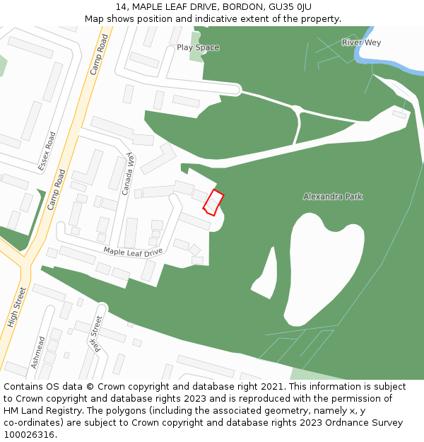 14, MAPLE LEAF DRIVE, BORDON, GU35 0JU: Location map and indicative extent of plot