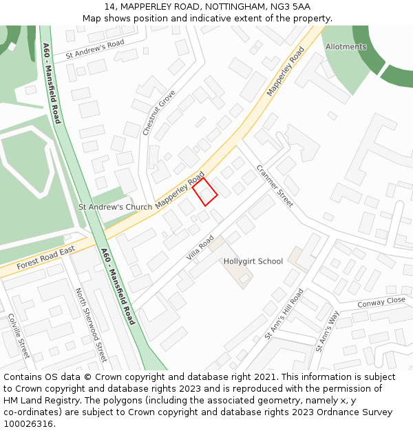 14, MAPPERLEY ROAD, NOTTINGHAM, NG3 5AA: Location map and indicative extent of plot