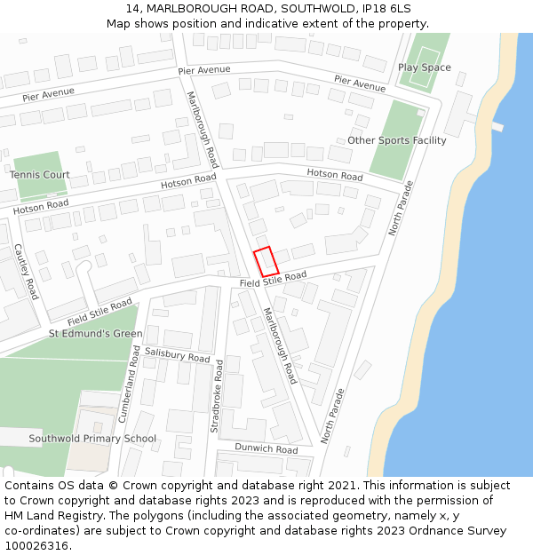 14, MARLBOROUGH ROAD, SOUTHWOLD, IP18 6LS: Location map and indicative extent of plot