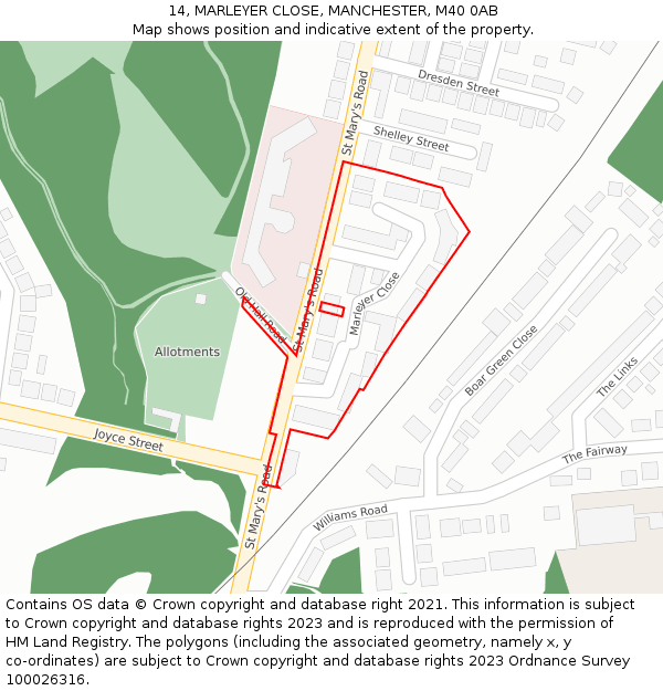 14, MARLEYER CLOSE, MANCHESTER, M40 0AB: Location map and indicative extent of plot