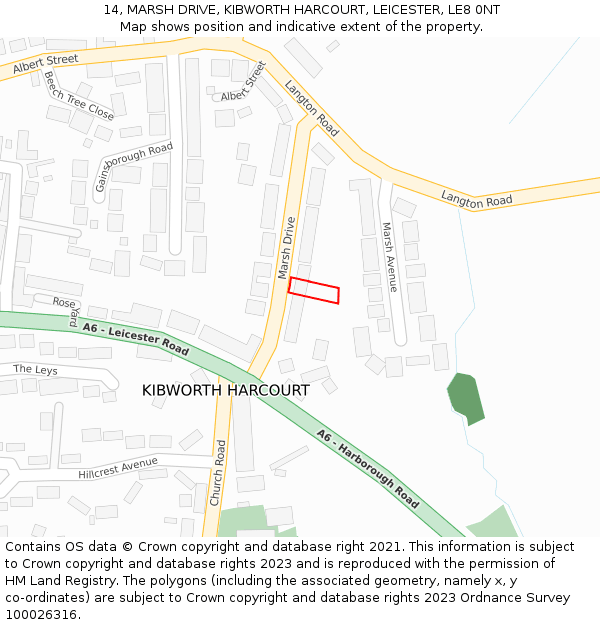 14, MARSH DRIVE, KIBWORTH HARCOURT, LEICESTER, LE8 0NT: Location map and indicative extent of plot