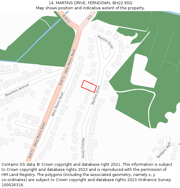 14, MARTINS DRIVE, FERNDOWN, BH22 9SQ: Location map and indicative extent of plot