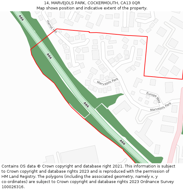 14, MARVEJOLS PARK, COCKERMOUTH, CA13 0QR: Location map and indicative extent of plot