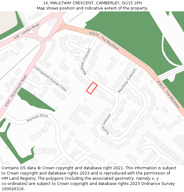 14, MAULTWAY CRESCENT, CAMBERLEY, GU15 1PN: Location map and indicative extent of plot