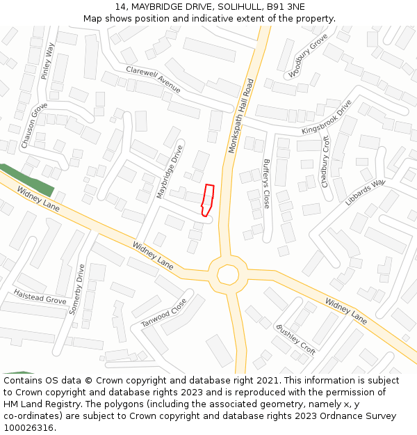14, MAYBRIDGE DRIVE, SOLIHULL, B91 3NE: Location map and indicative extent of plot