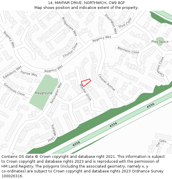 14, MAYFAIR DRIVE, NORTHWICH, CW9 8GF: Location map and indicative extent of plot